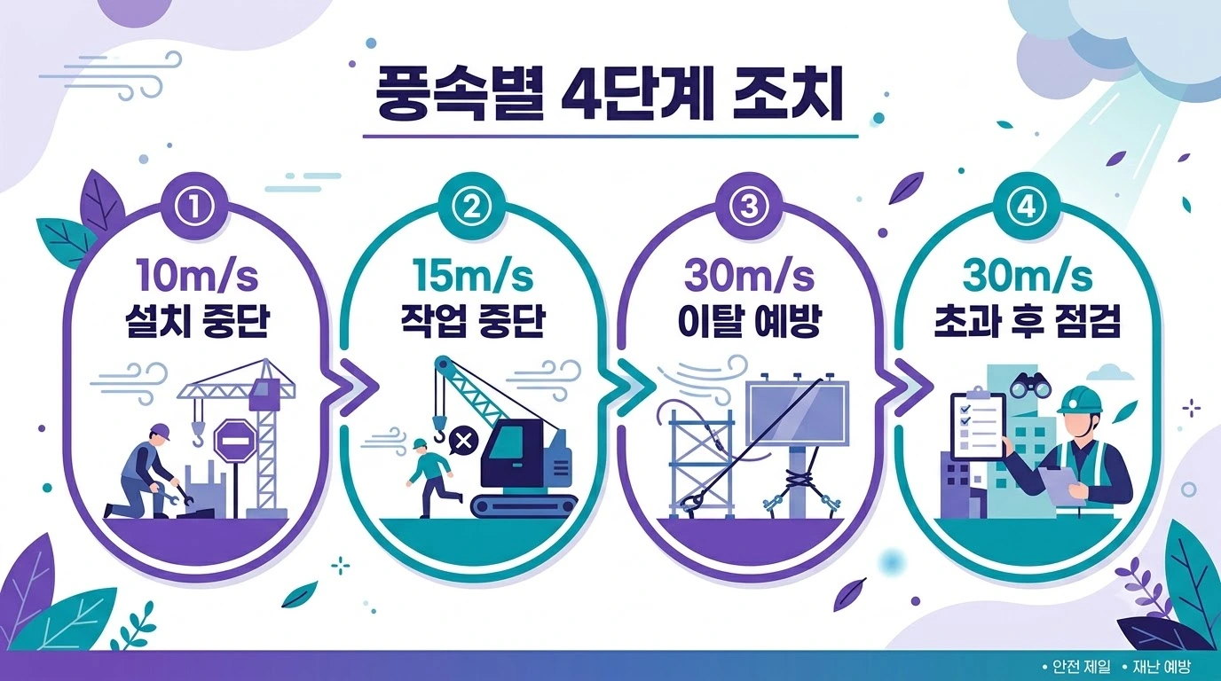 순간풍속별 조치 4단계를 보여주는 프로세스 인포그래픽
