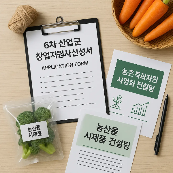 6차 산업군 창업지원 신청서, 농촌 특화자원 사업화 컨설팅 안내문, 농산물 시제품(브로콜리), 당근 바구니가 정돈된 사물 스튜디오컷 이미지