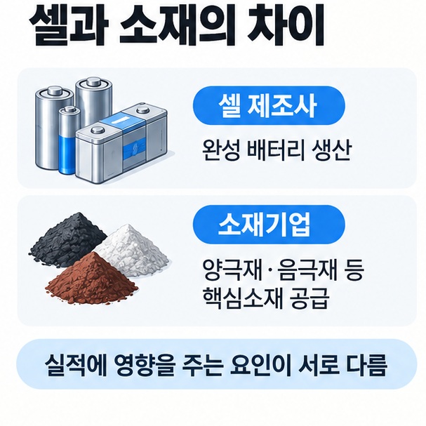 셀 제조사와 배터리 소재 기업의 역할 차이를 간단한 흐름으로 보여주는 이미지