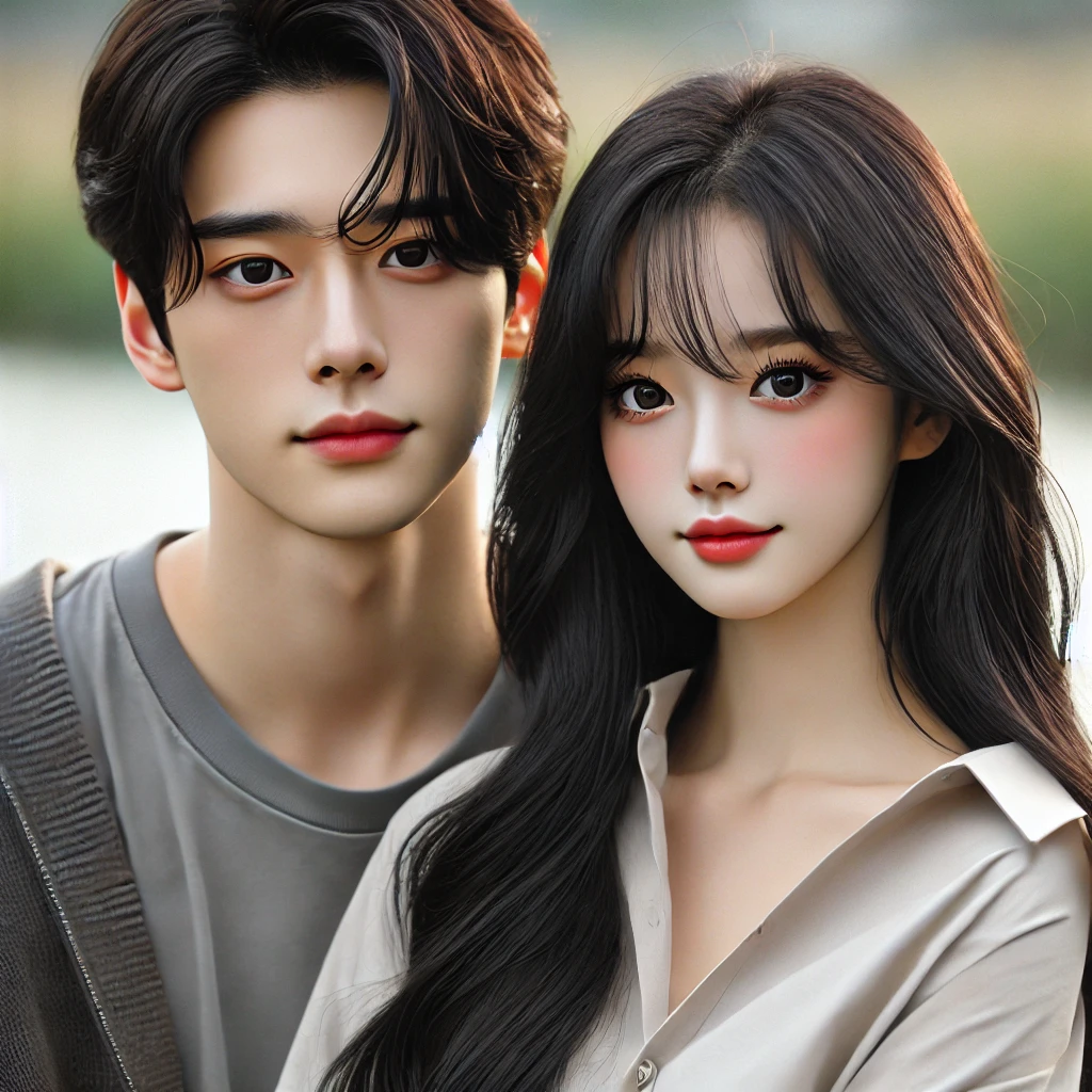 한국 드라마. 젊은 두 남녀 주인공이 서로 어깨를 맞대로 서있다.