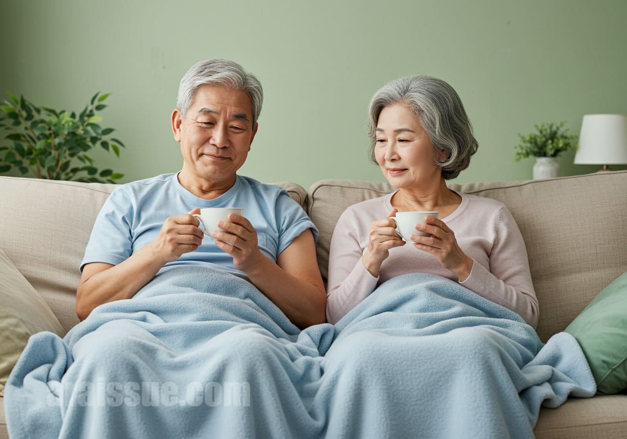 폐렴 예방접종 후 집에서 담요를 덮고 따뜻한 차를 마시며 쉬고 있는 한국인 고령 부부. 잔잔한 분위기의 실내에서 평온하게 회복 중인 모습이다.