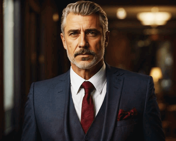 백발의 중년 백인 남자가 서서 정면을 바라본다. 멋진 양복을 입은 슈퍼부자이다.