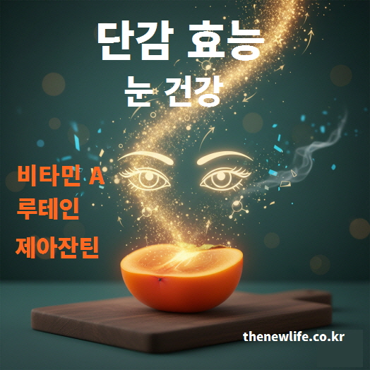단감의 비타민 A와 루테인·제아잔틴 성분이 눈 건강과 황반 보호에 도움이 되는 효능을 표현한 인공 이미지