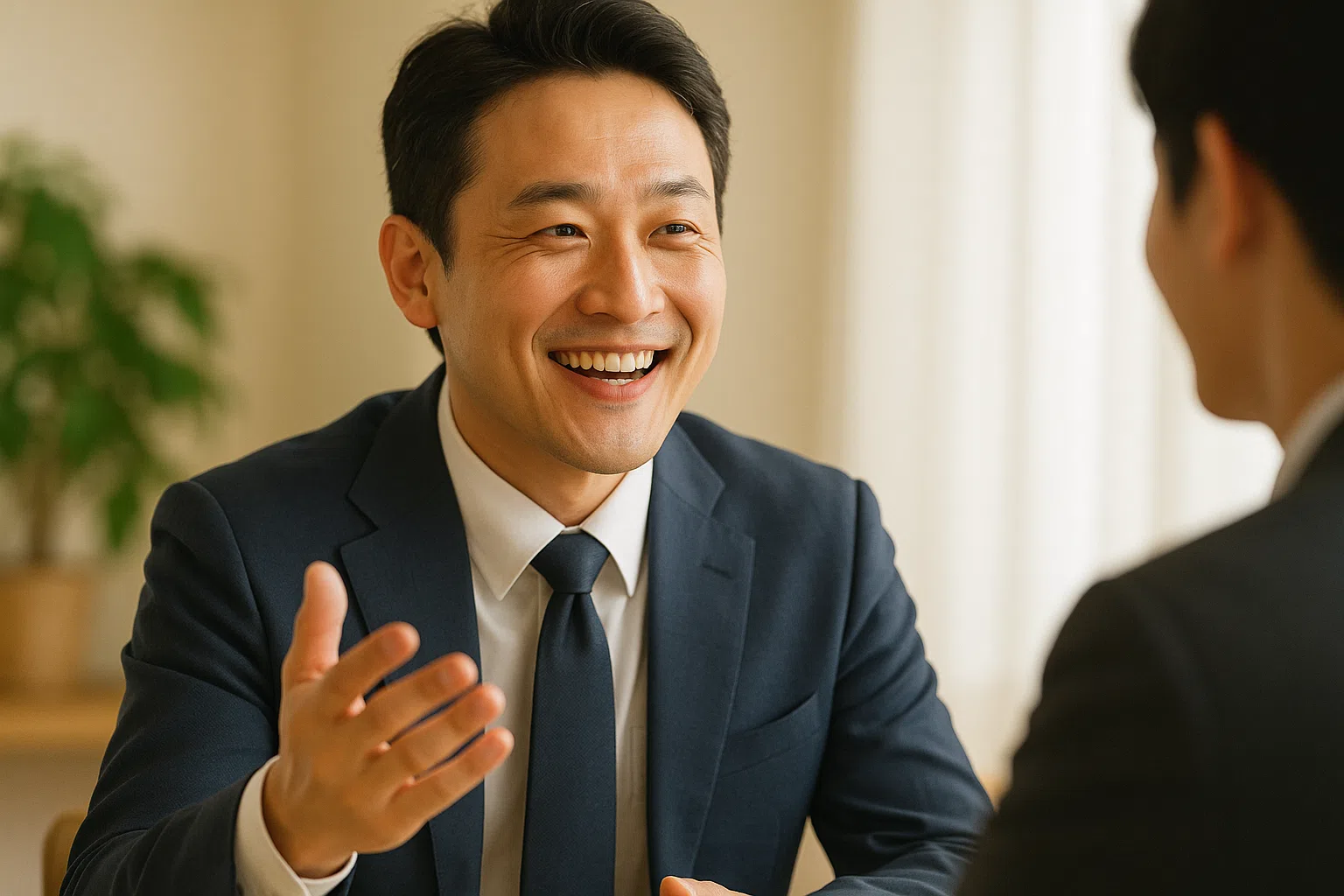 밝은 표정으로 자신감 있게 대화하는 사람