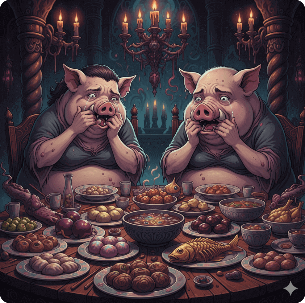 alt="욕망에 이끌려 정체불명의 음식을 먹고 돼지로 변해가는 쎈의 부모님을 표현한 초현실적 일러스트"