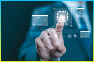 AI 에이전트를 사용 하 여 비즈니스 운영 및 생산성을 위한 인공 지능, 자동화, 스마트 기술을 대표하는 가상 스크린과 명령 인터페이스 사업가. AI 에이전트 분석
