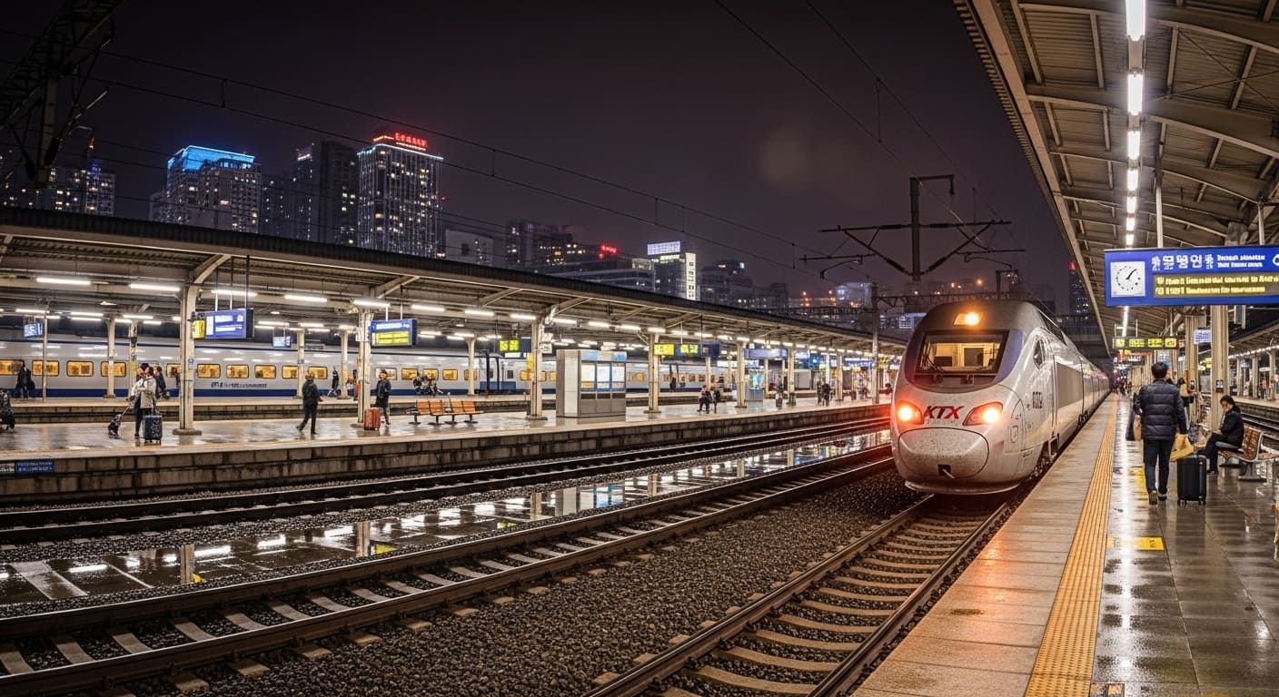 야간 조명 아래 서울 도심과 함께 정차한 KTX 열차