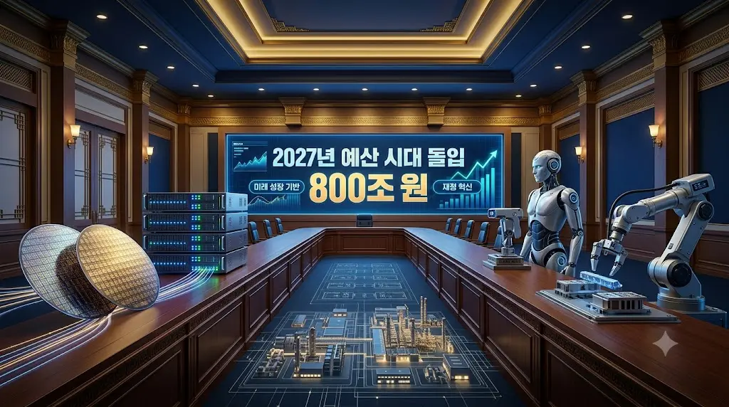 2027년 정부 예산 800조원과 미래대응기금 반도체 AI 메가프로젝트 투자 계획을 설명한 대표 이미지
