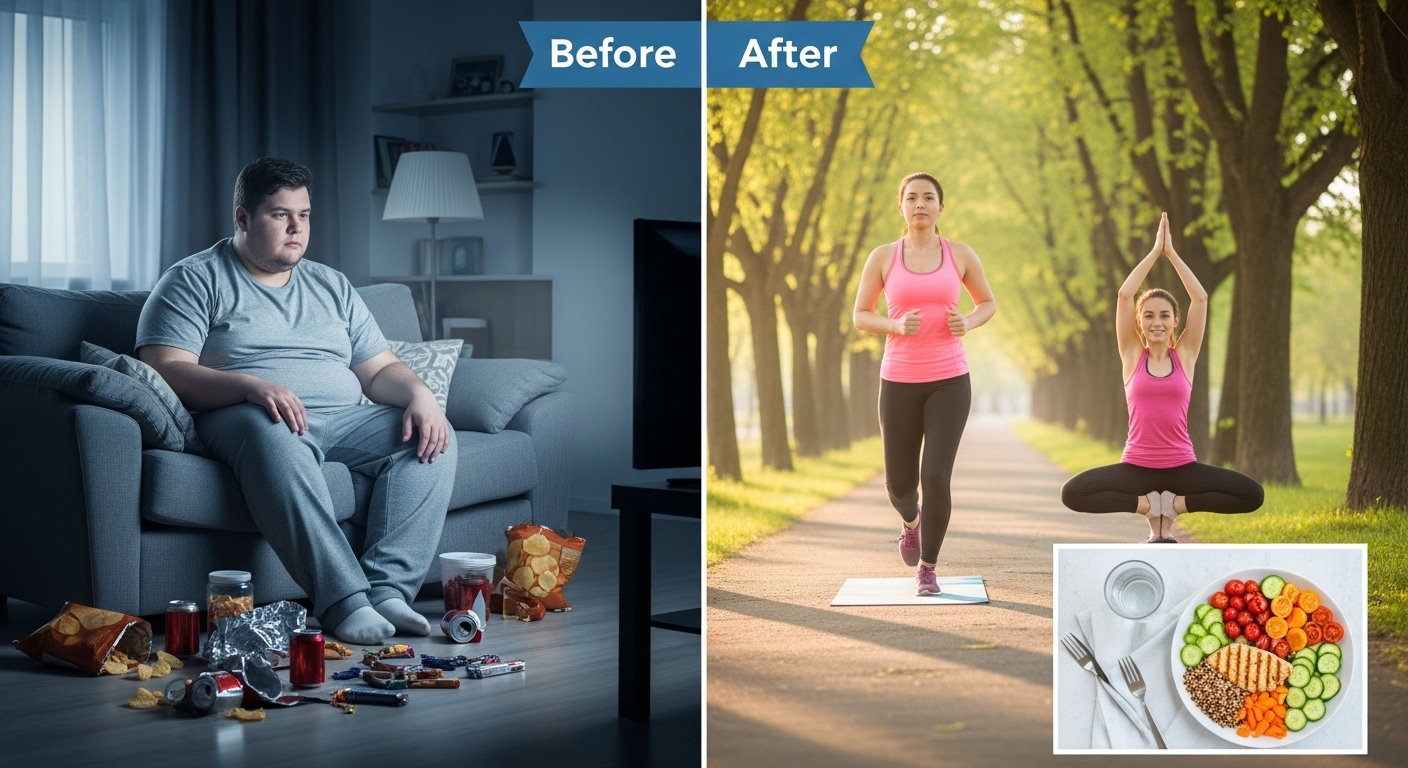 비알코올성 지방간 관리 전후를 보여주는 이미지. 비만하고 활동이 적은 모습에서 운동과 건강한 식단으로 변화된 모습을 나타냅니다.