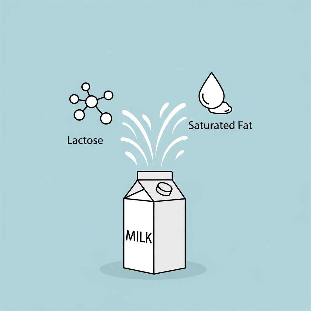 우유팩에서 '유당'과 '포화지방' 아이콘이 빠져나가는 모습을 시각적으로 표현한 인포그래픽