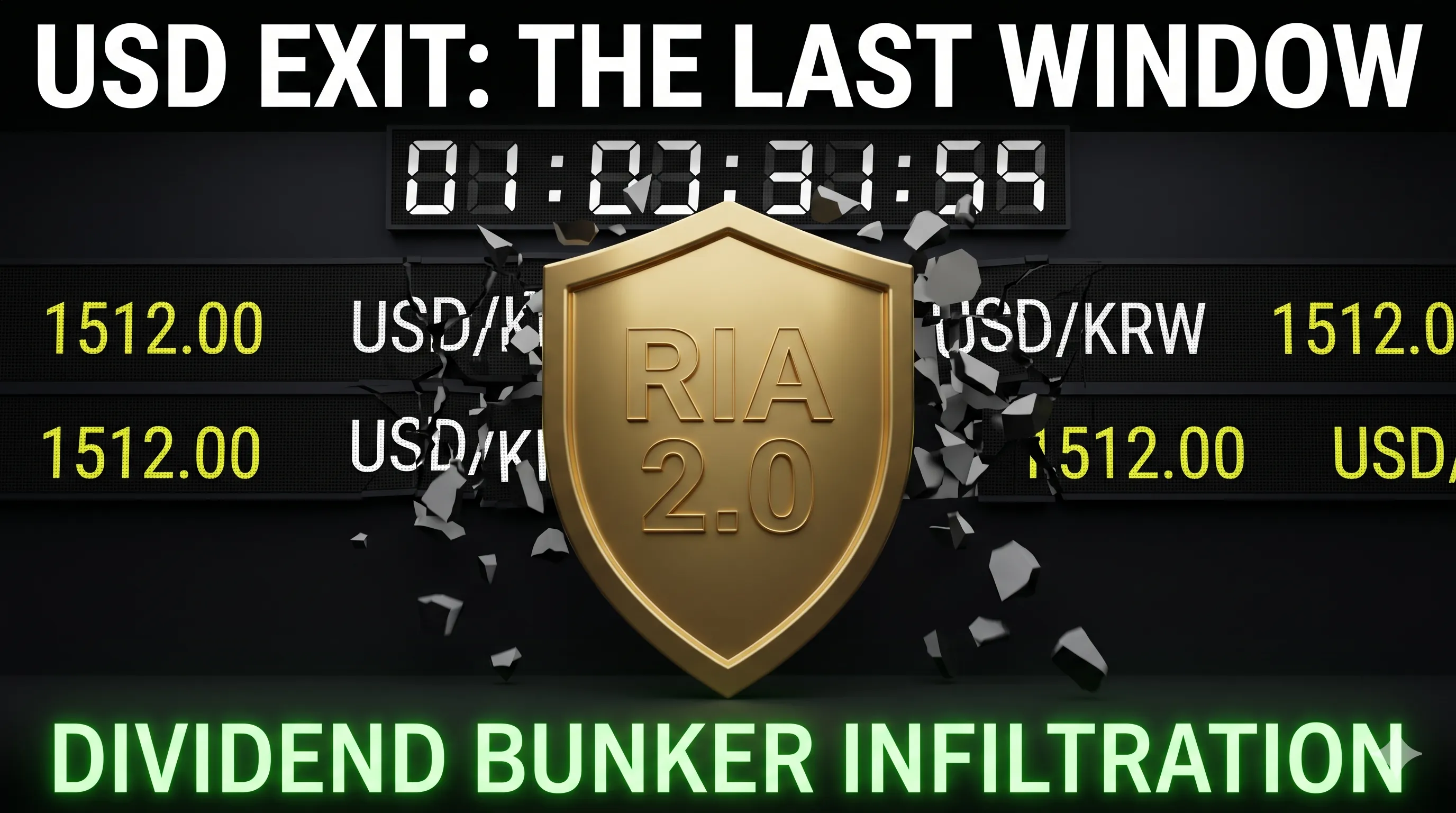 RIA2.0: 환율 1510원 붕괴 시점의 달러 엑시트와 배당 벙커 진입을 상징하는 자산 방어 대표 이미지 by Finory