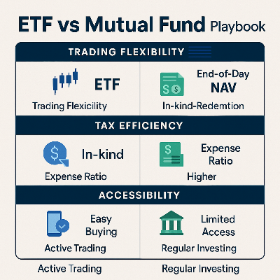Infographic comparing ETF and mutual fund features trading tax expense accessibility