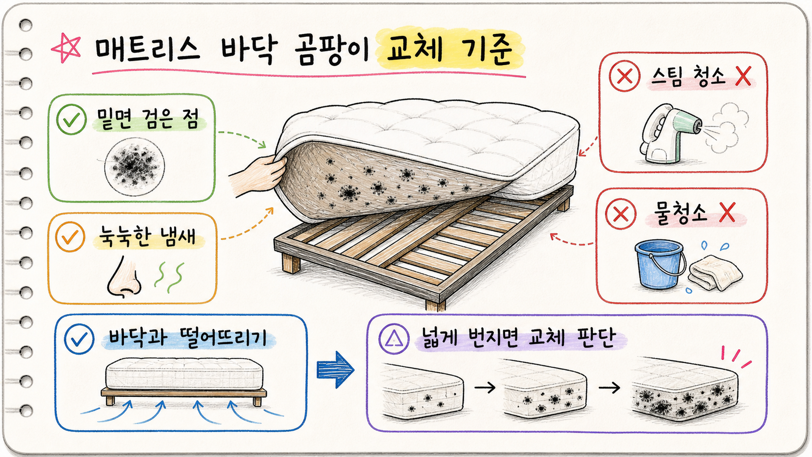 매트리스 밑면 확인과 교체 기준을 보여주는 손글씨 카드
