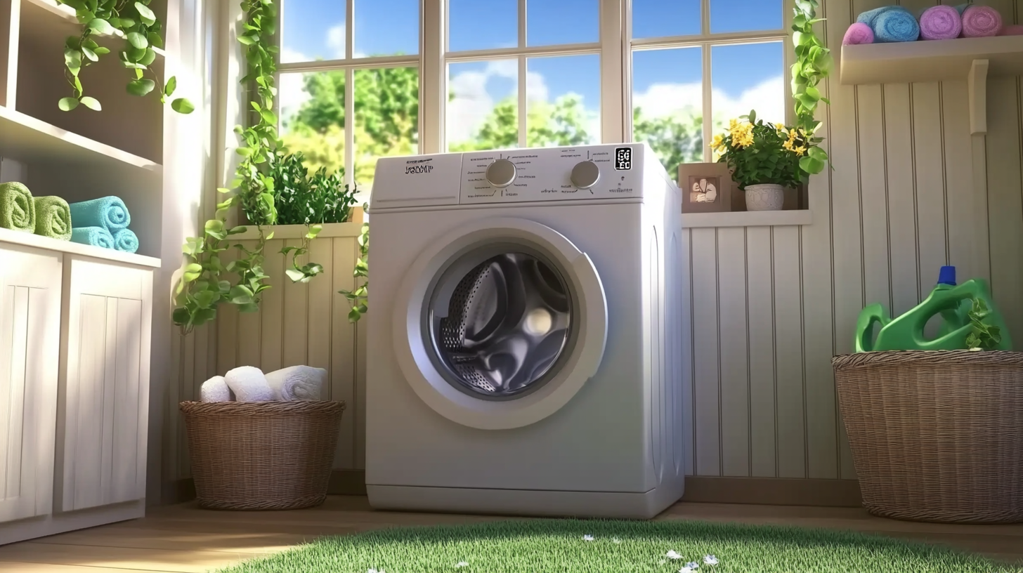 저수량 소비를 특징으로 하는 세탁기와 자연 요소가 조화롭게 어우러진 친환경 가정의 이미지