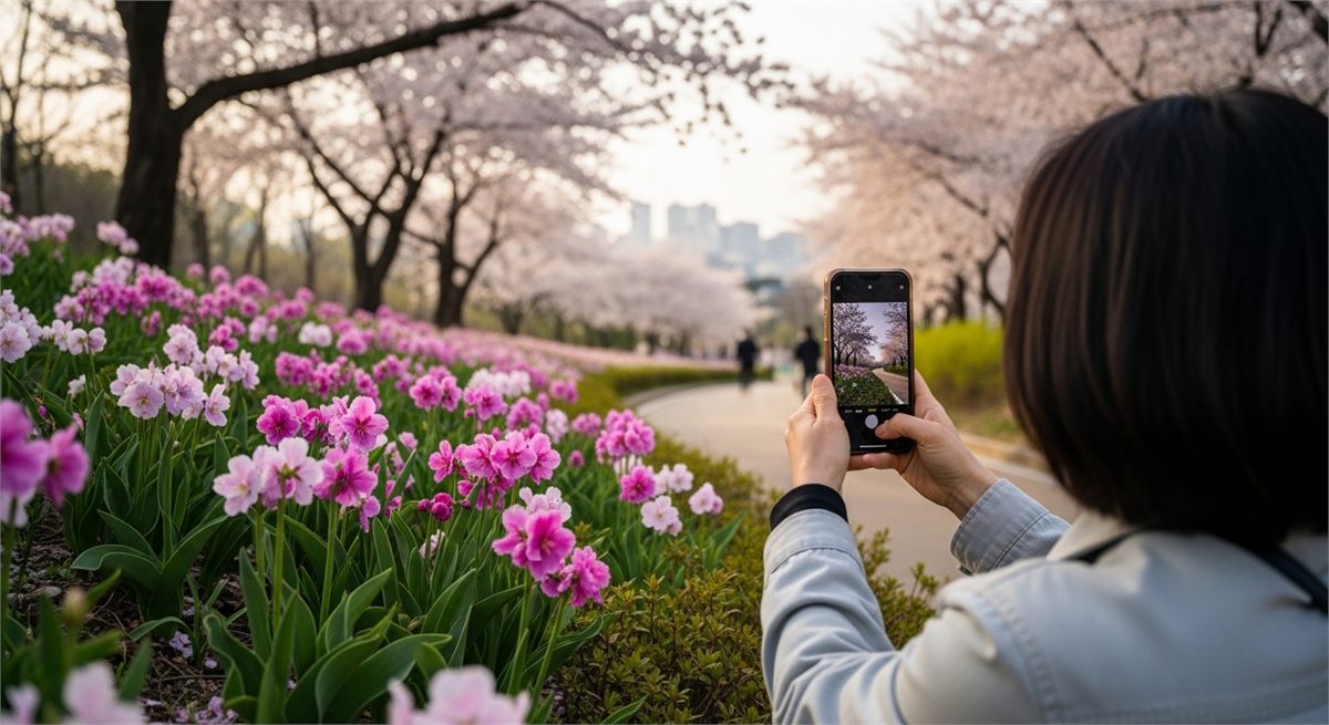 공원 산책길에서 봄꽃을 촬영하는 한국인 여성의 뒷모습 
