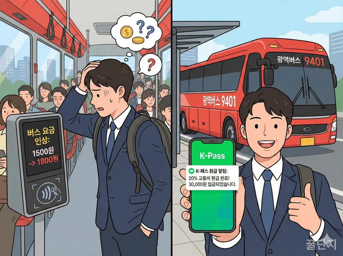 교통비 인상을 걱정하는 모습과 K-패스 환급 알림을 받고 기뻐하는 한국인 직장인 일러스트