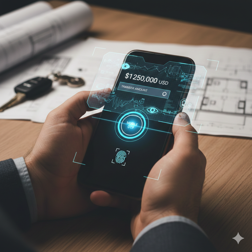원목 책상 위에서 정장을 입은 사용자가 두 손으로 스마트폰을 쥐고 고액 송금을 진행하는 모습이에요. 화면에는 모바일 OTP 인증과 지문 인식 인터페이스가 홀로그램처럼 떠 있으며, 배경에는 부동산 도면과 자동차 키가 놓여 있어 보증금이나 차량 대금 결제 상황임을 암시해요. 전체적으로 차분하고 신뢰감 있는 분위기의 실사 이미지에요.