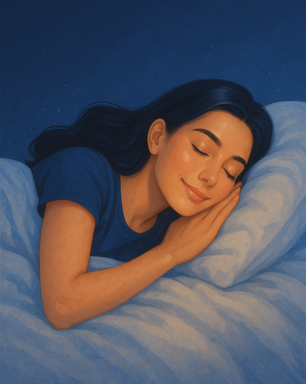 편안하게 잠든 여성이 맑고 건강한 피부로 숙면을 취하는 모습, 수면 중 피부 재생을 상징하는 밤 배경