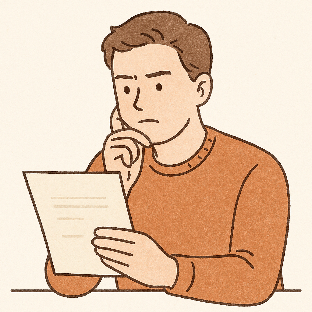서류를 보며 고민하는 남성의 모습 일러스트
