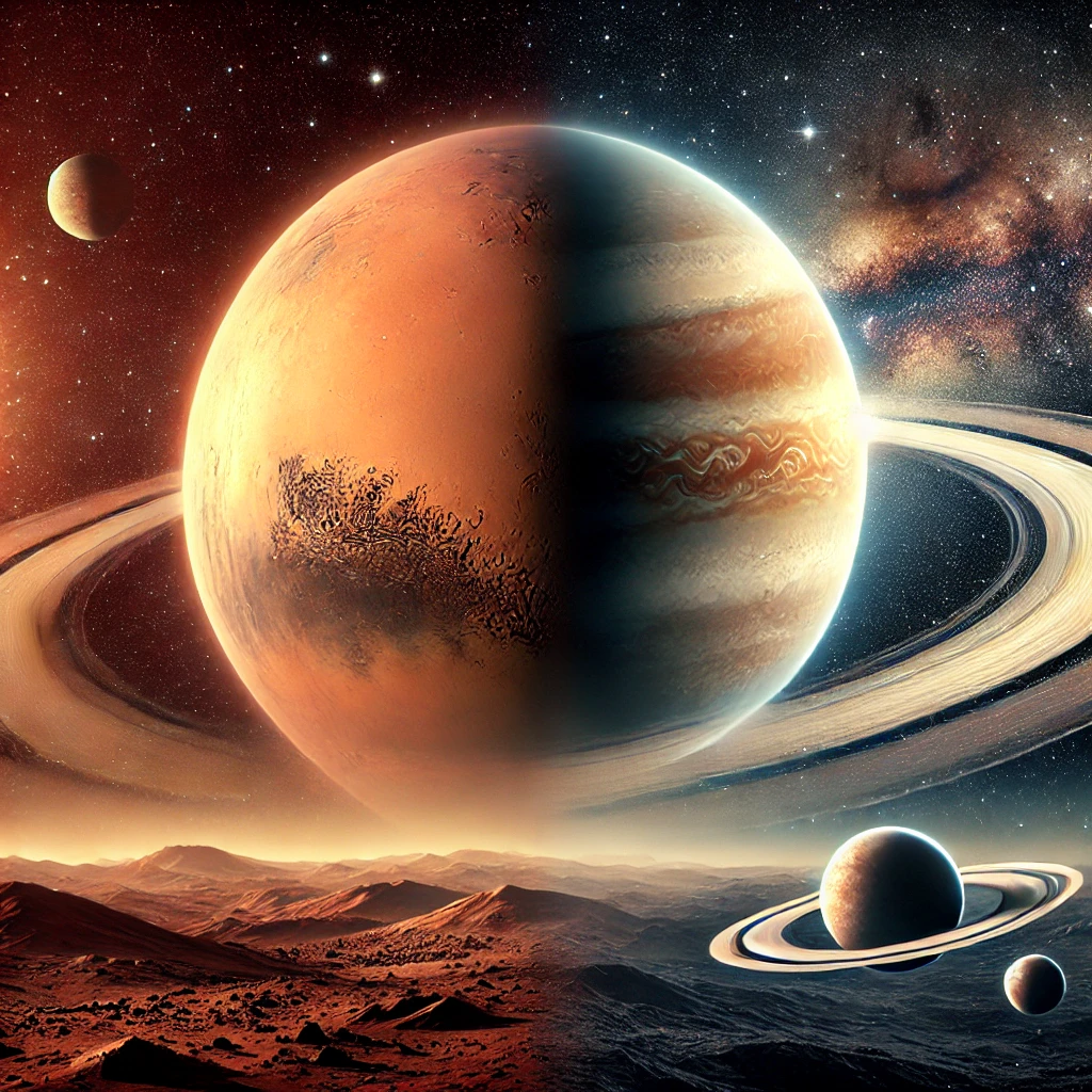 태양계의 화성과 외계 행성을 나란히 비교한 장면을 표현한 것입니다.