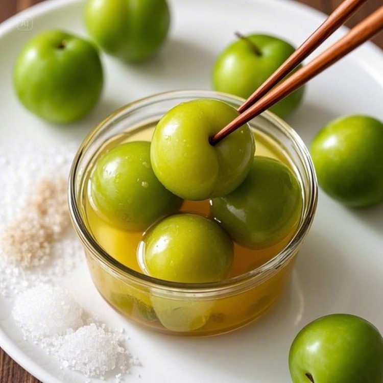 투명한 유리 용기에 담긴 초록빛 매실장아찌가 노란빛 국물에 잠겨있는 모습. 매실 몇 개가 젓가락으로 집어 올려져 있고, 주변에 신선한 청매실과 소금, 설탕이 예쁘게 배치되어 있다. 자연광이 들어와 매실의 투명하고 아삭한 질감이 잘 보이는 깔끔하고 맛있어 보이는 사진.