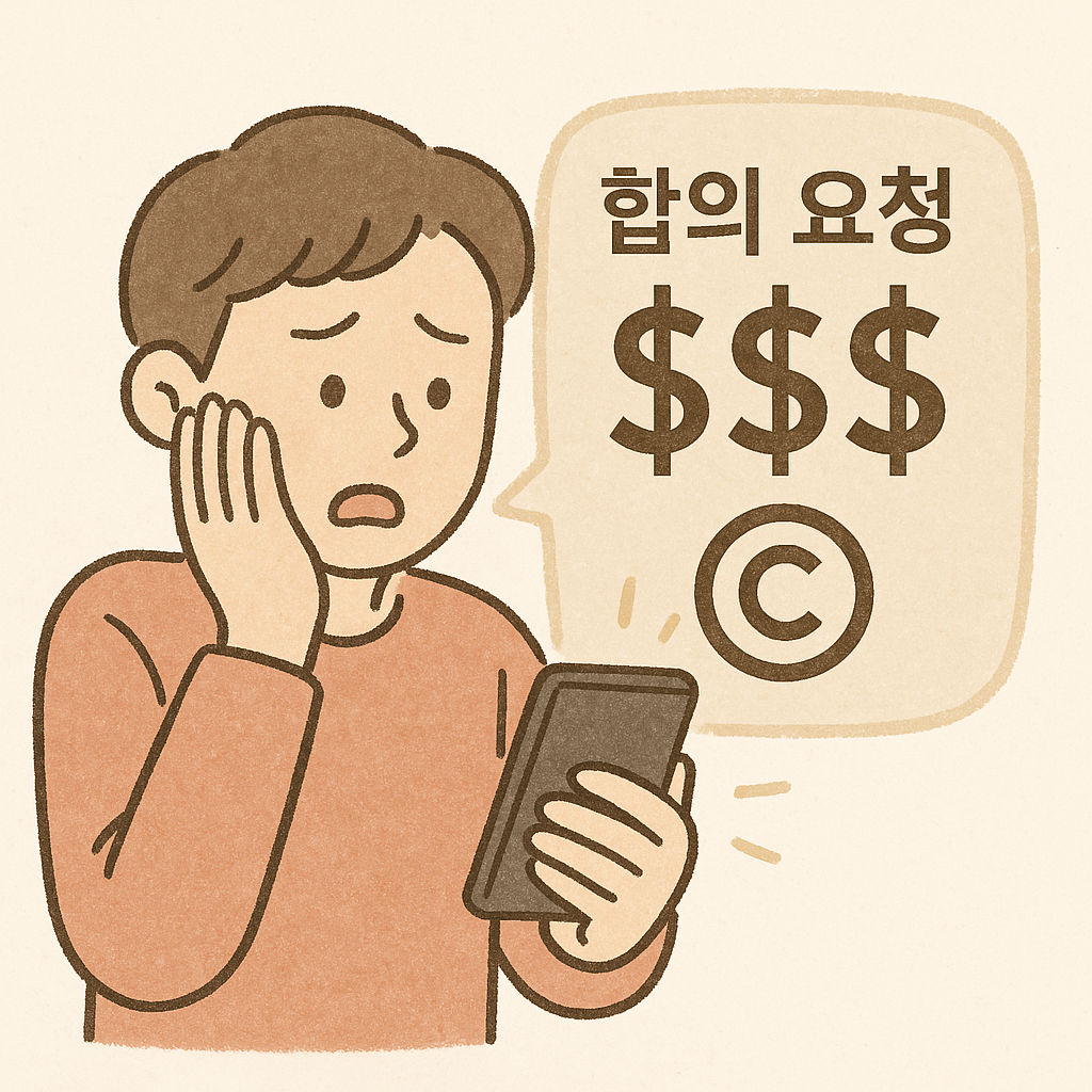 저작권법위반으로 합의금을 요금받고 당황하는 남성의 이미지
