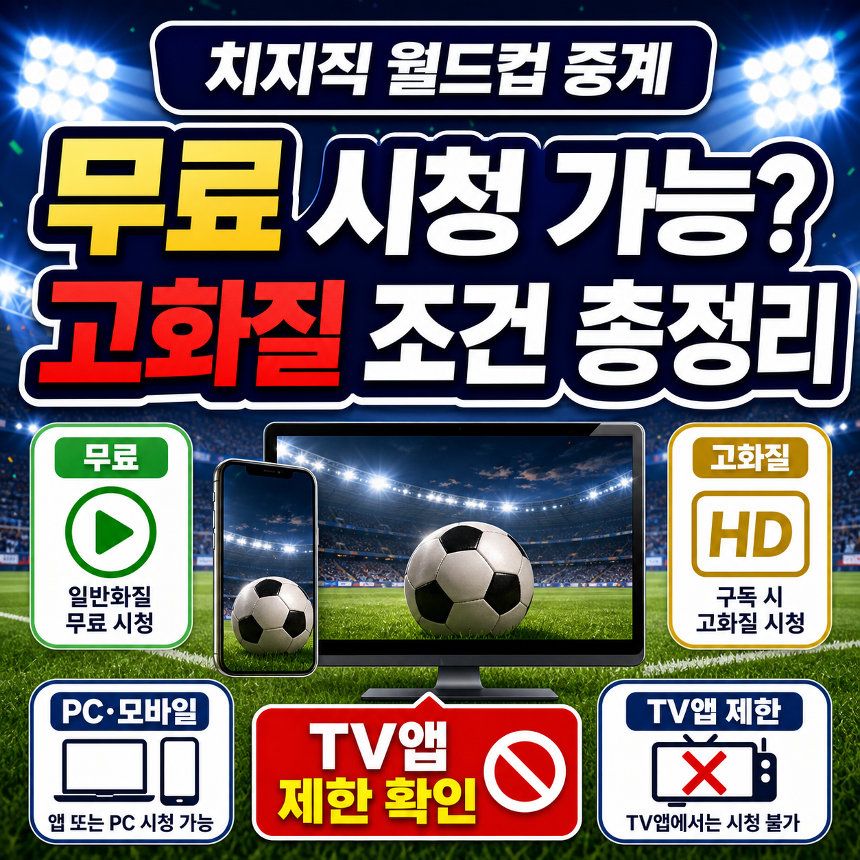 치지직 월드컵 중계 보는법 무료 시청 고화질 조건 TV앱 제한 안내