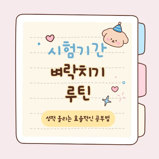 파스텔톤 귀여운 노트 이미지에 시험기간 벼락치기 루틴이라고 가운데에 적고 아래에 작은 글씨로 성적 올리는 효율적인 공부법이라고 귀염뽀짝한 이미지를 만들었다.