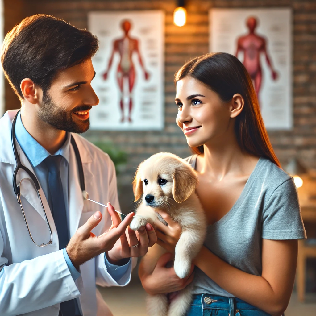 수의사가 강아지 백신의 중요성을 설명하는 모습