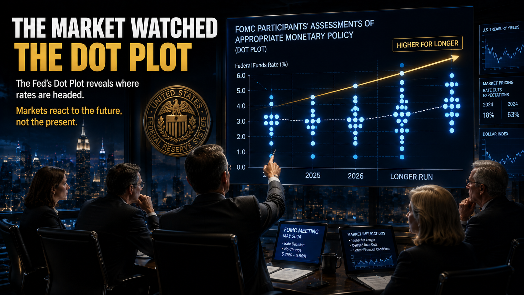 Federal Reserve policymakers reviewing a Dot Plot chart that reveals future interest rate expectations and influences market sentiment.