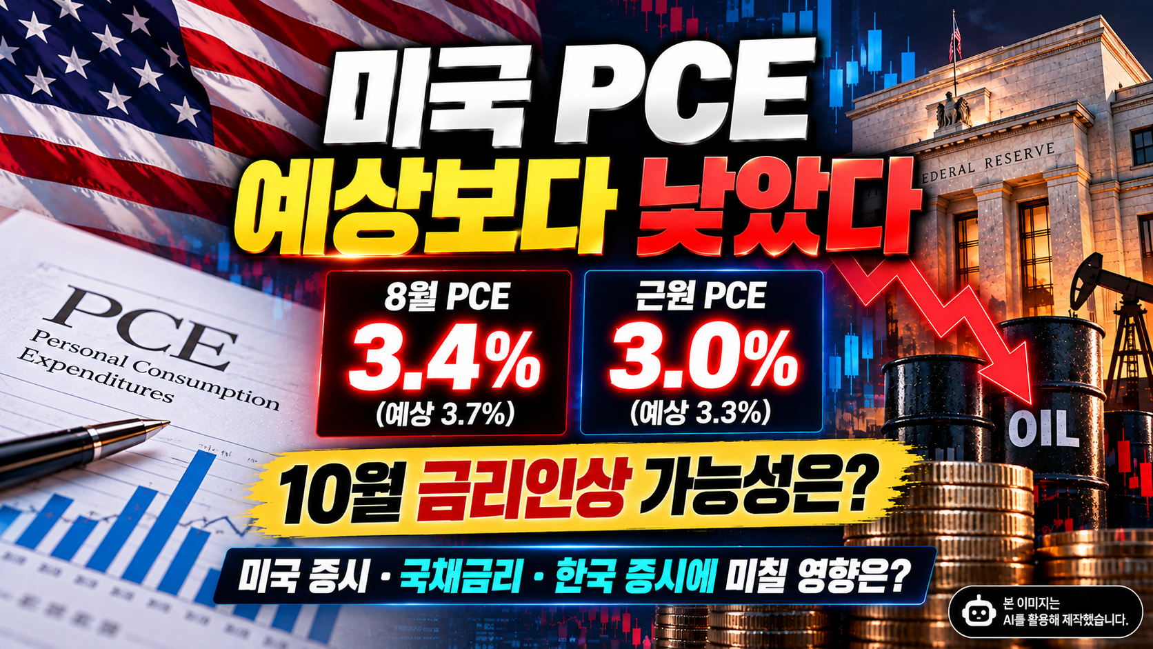 미국 8월 PCE 3.4%와 근원 PCE 3.0% 발표 결과, 10월 금리인상 가능성과 증시 영향을 표현한 이미지