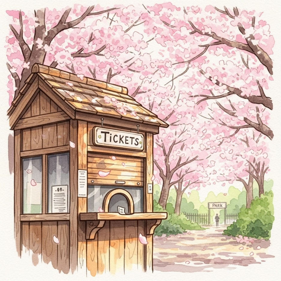 벚꽃 아래 위치한 아늑한 매표소 풍경