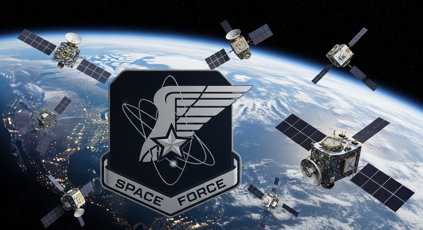 A giant Space Force emblem overlooking Earth from outer space, escorted by a fleet of state-of-the-art satellites.