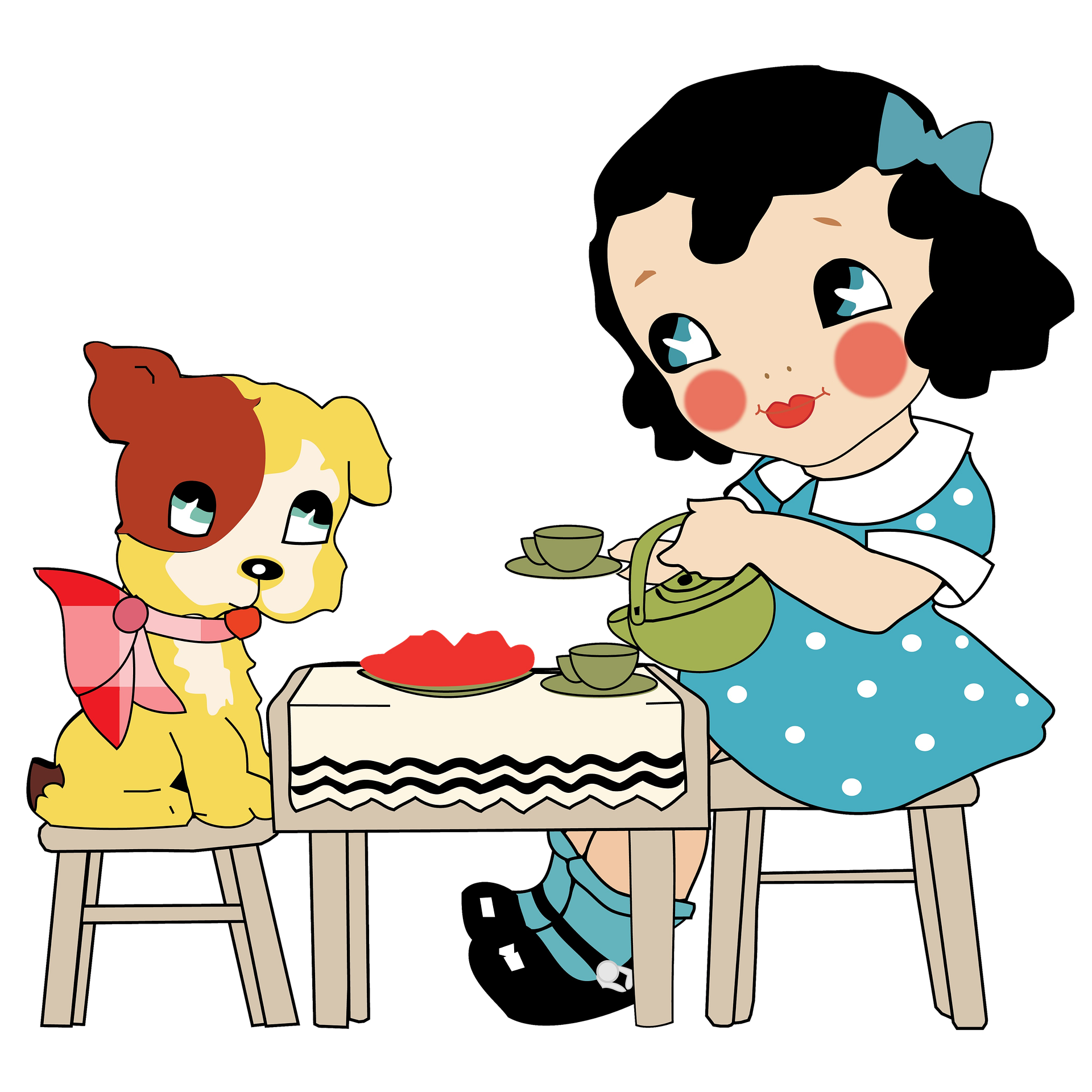강아지를 키운다면 꼭 필요한 애견용품 리스트-여자아이와 강아지의 유대감 좋은 이미지 식탁에 앉아 음식과 차를 나누는 모습