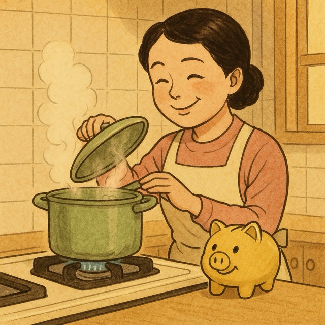 국을 끓이며 냄비에 뚜껑을 덮고 저금통 옆에서 흐뭇하게 미소 짓는 주부