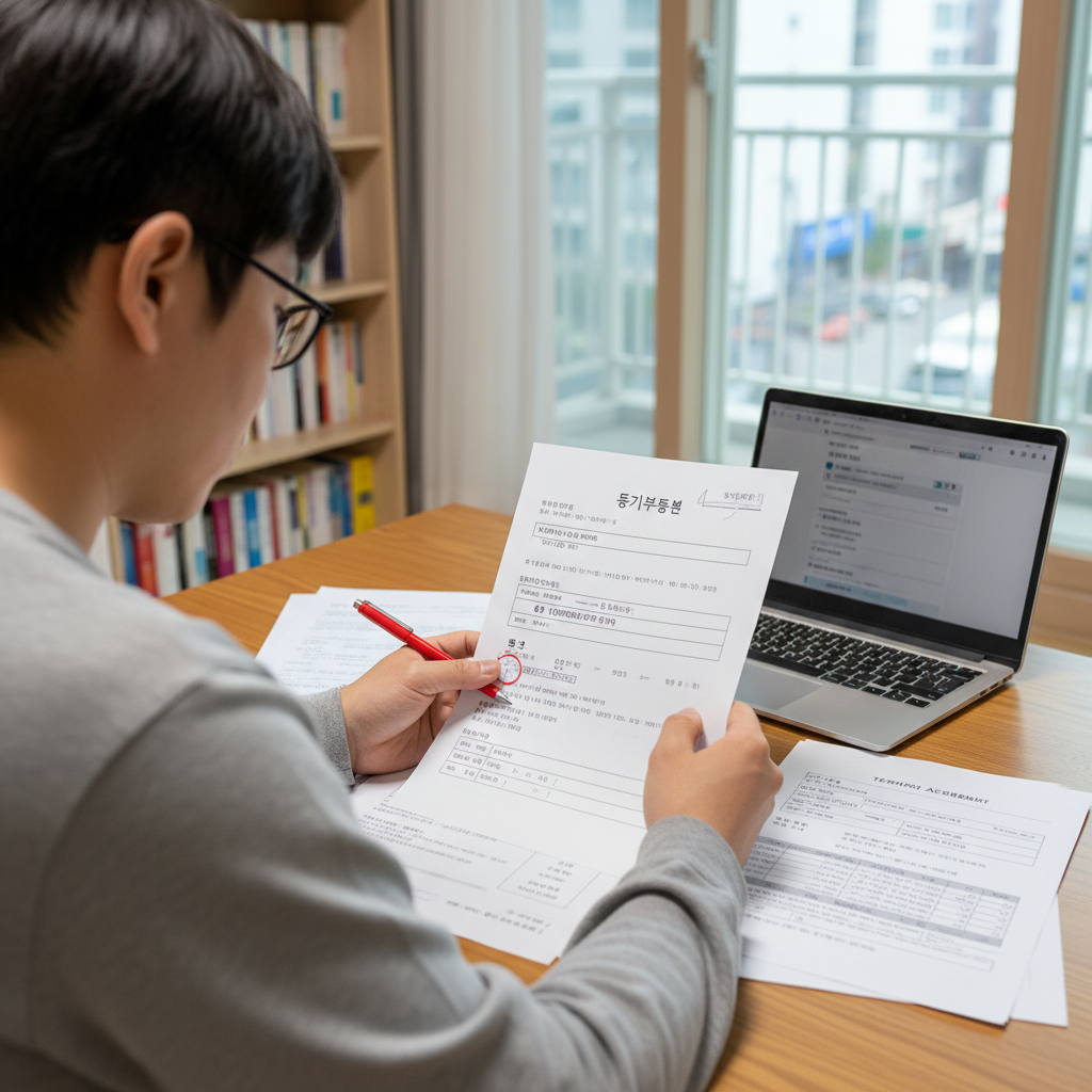 세입자가 등기부등본을 자세히 검토하며 근저당권을 체크하는 장면