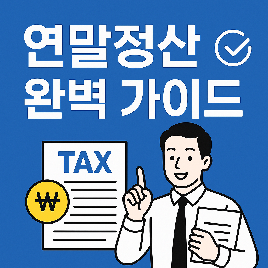 "연말정산 완벽 가이드 썸네일 &mdash; 세금 문서와 원화 기호를 들고 설명하는 직장인 일러스트, 파란 배경 위 흰색 글씨로 연말정산 완벽 가이드 문구가 중앙에 배치된 이미지"