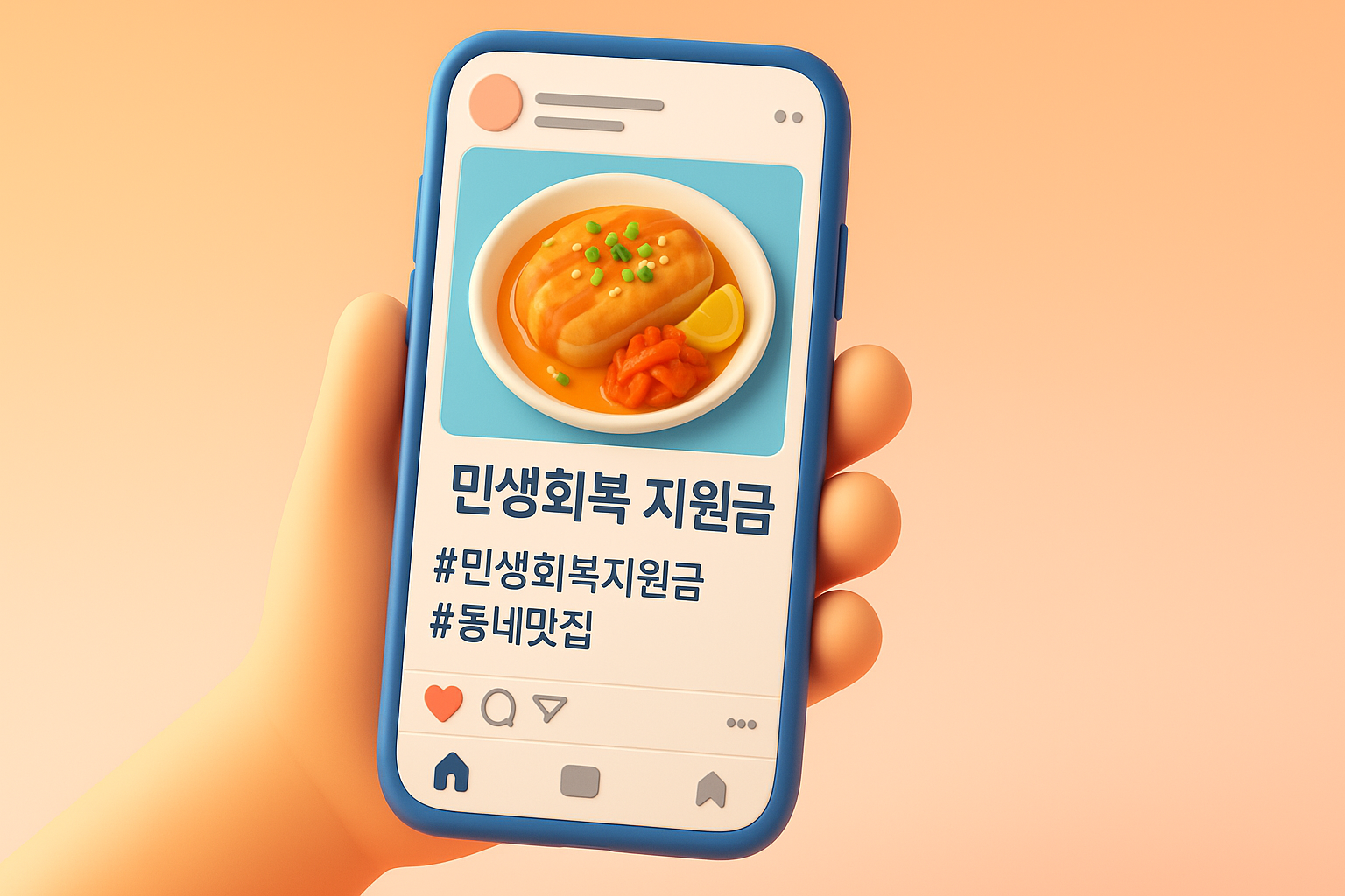 스마트폰 화면에 민생회복지원금 관련 해시태그와 함께 가게 홍보 게시물이 올라와 있는 모습