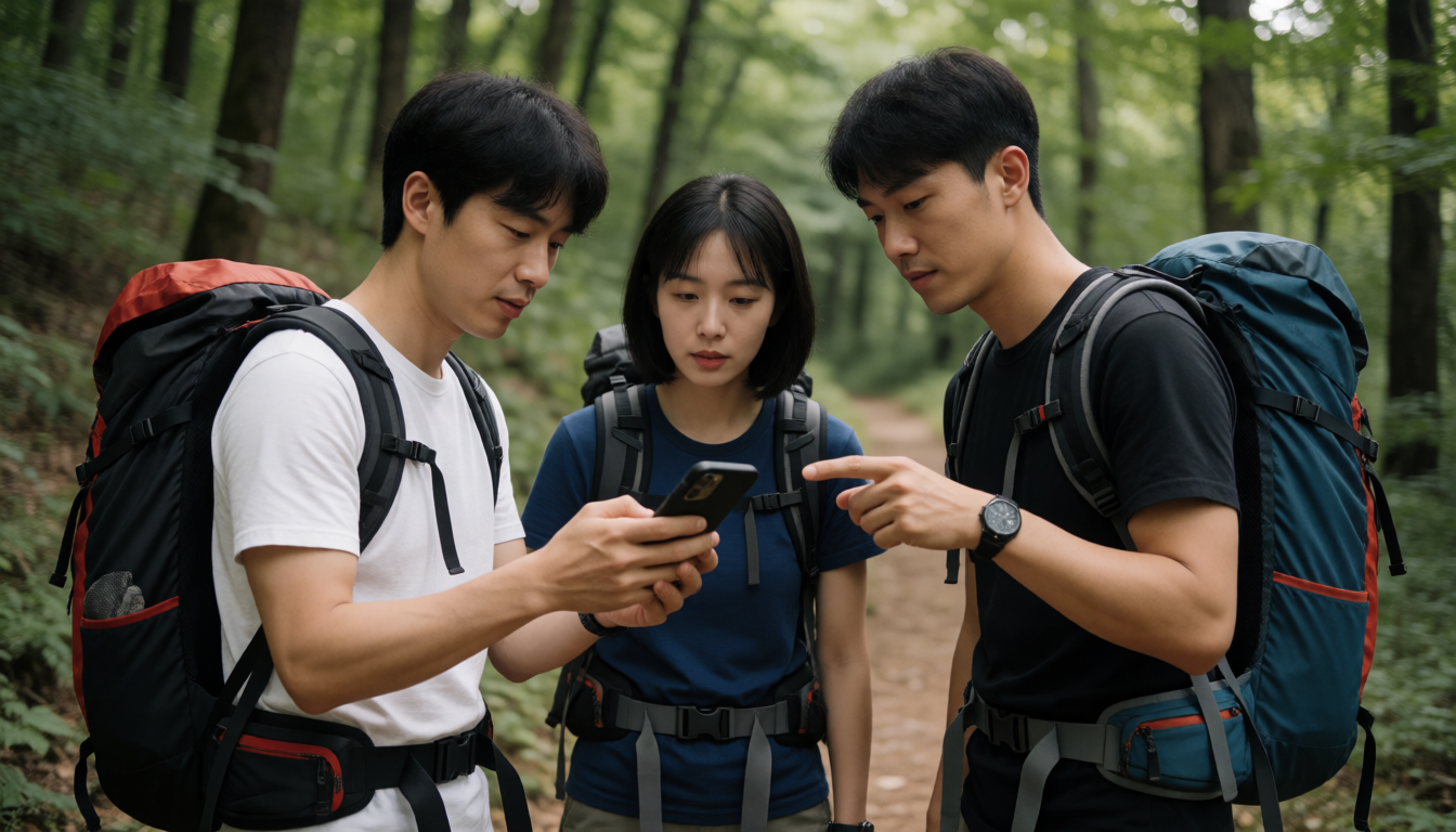 산길에서 휴대전화로 경로를 함께 확인하는 등산객들