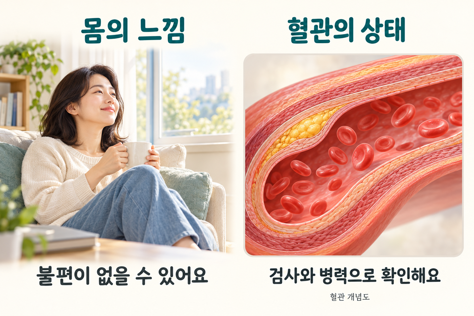 무증상 상태와 동맥벽 지질 축적을 나란히 설명한 개념 그림