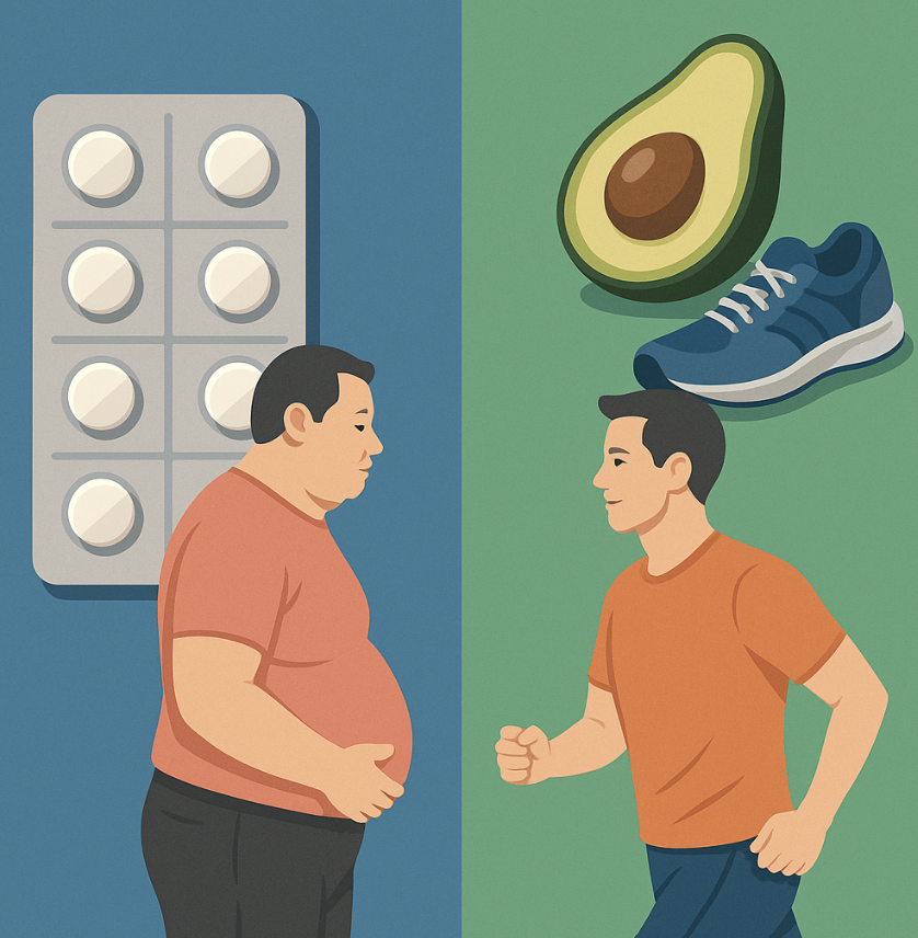 약물치료와 생활습관 개선의 차이를 보여주는 일러스트