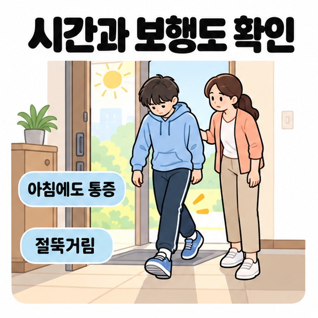 시간과 보행도 확인이라는 제목 아래 아침 현관에서 보호자가 청소년의 걸음을 살피고 아침에도 통증과 절뚝거림 문구를 표시한 이미지