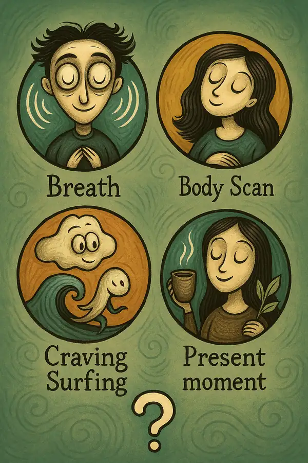 팀 버튼풍 감성으로 표현된 마음챙김의 네 가지 연습법(호흡, 바디스캔, 갈망서핑, 일상챙김)을 상징하는 아이콘이 그린 배경에 조화롭게 배치된 인포그래픽 일러스트