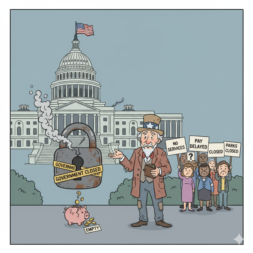 생성형 AI로 만든 예산 문제로 정부의 문이 닫히면서(셧다운) 국민들과 공무원들이 서비스 중단과 임금 지연 등의 피해를 겪는 상황을 풍자한 그림입니다.