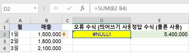 엑셀 NULL 오류 원인 범위 교차 해결법