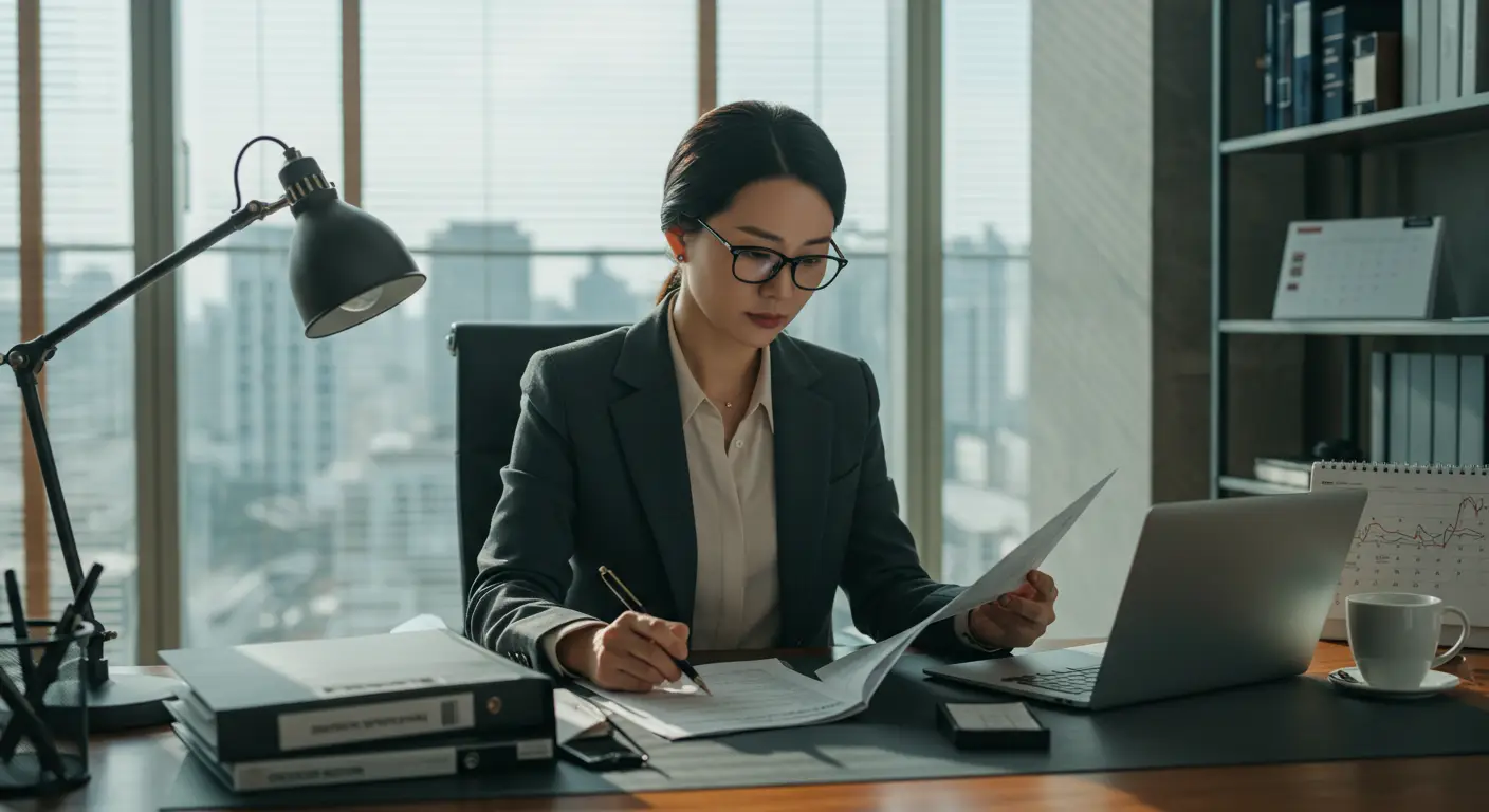 대구송현 화성파크드림 공무원임대주택 조견표를 보면서 서류를 면밀하게 검토하는 모습이다. 책상위에 스탠드와 서류, 노트북이 있다.
