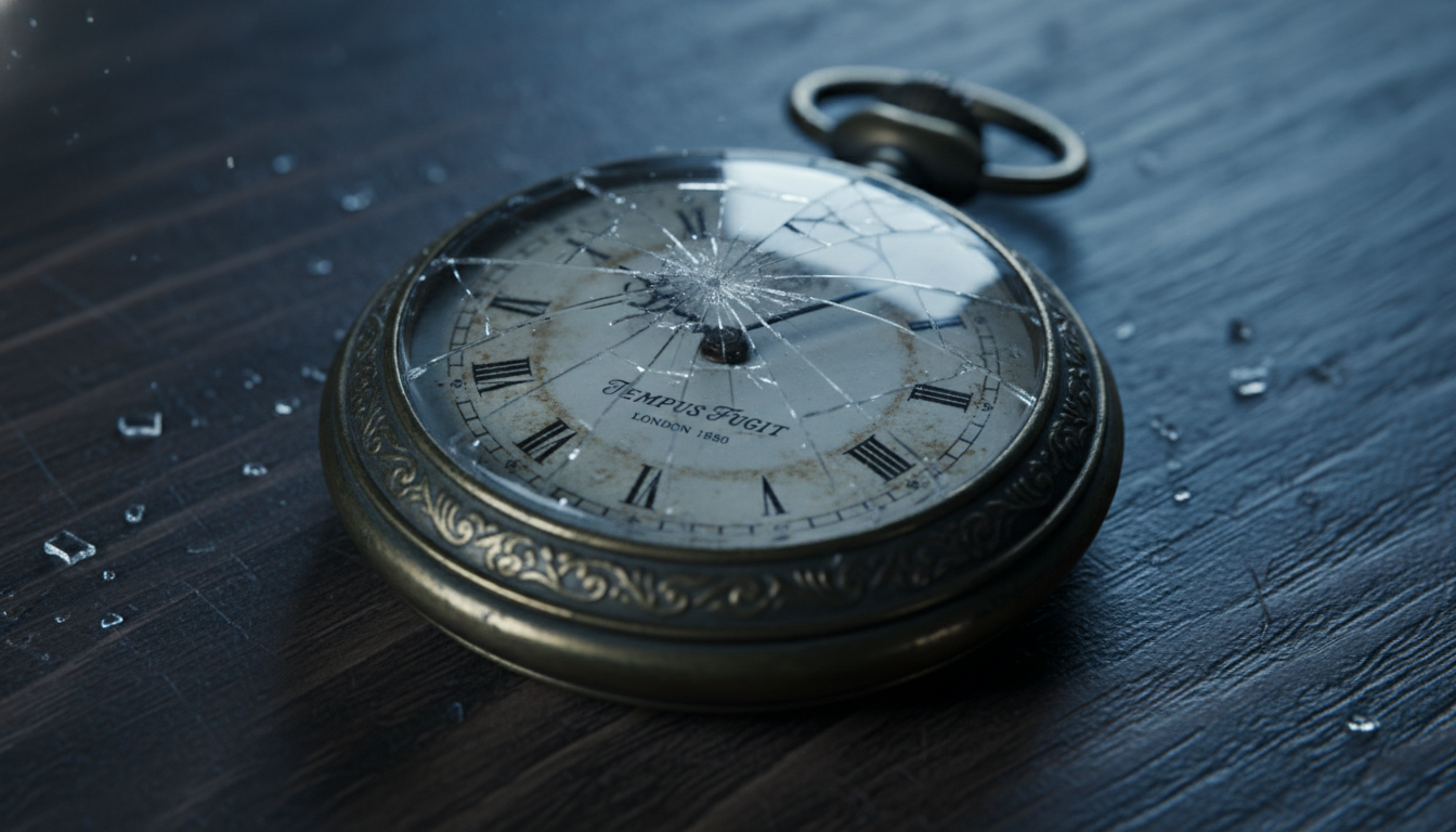 추상아의 멈춰진 시간과 슬픈 과거를 상징하는 유리가 깨진 회중시계