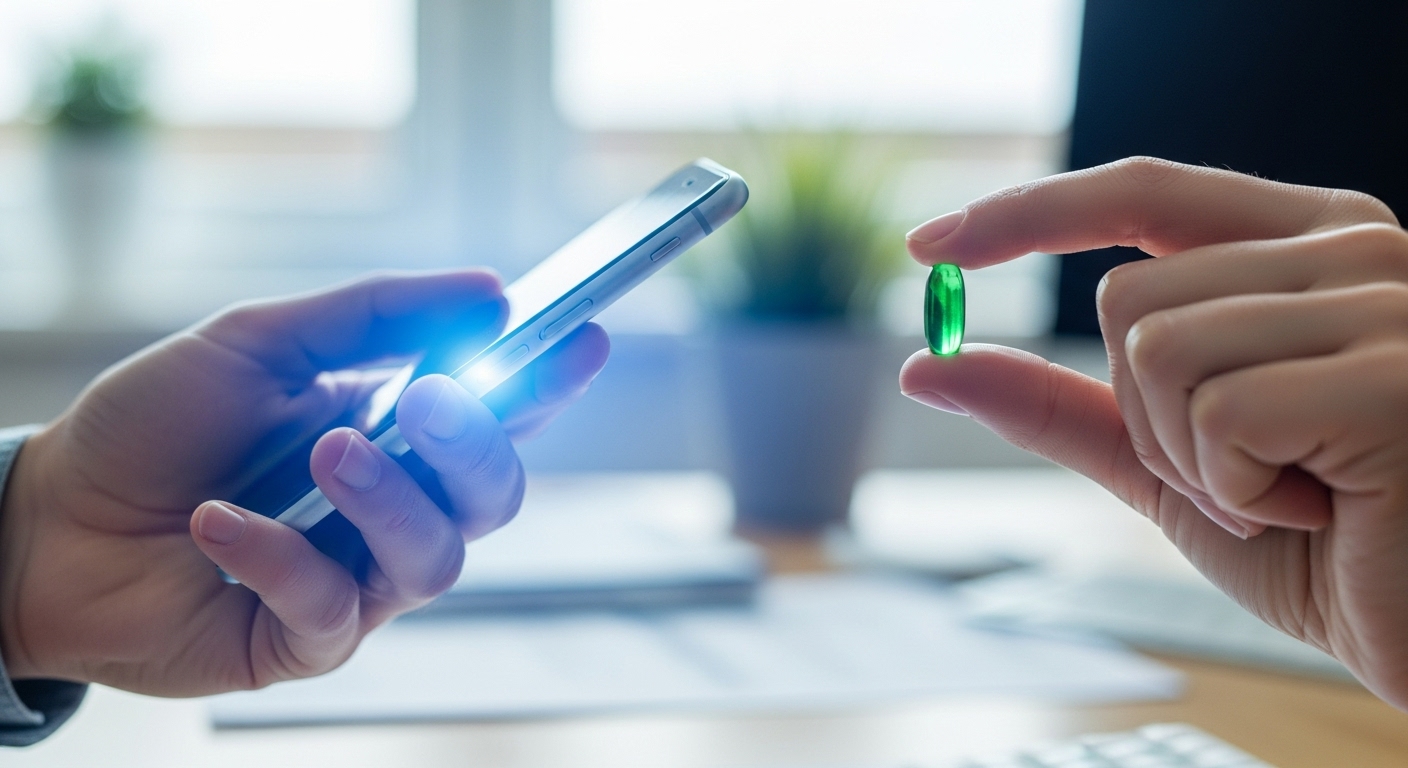 스마트폰에서 나오는 블루라이트와 이를 보호하는 루테인 영양제 캡슐을 함께 보여주는 이미지.