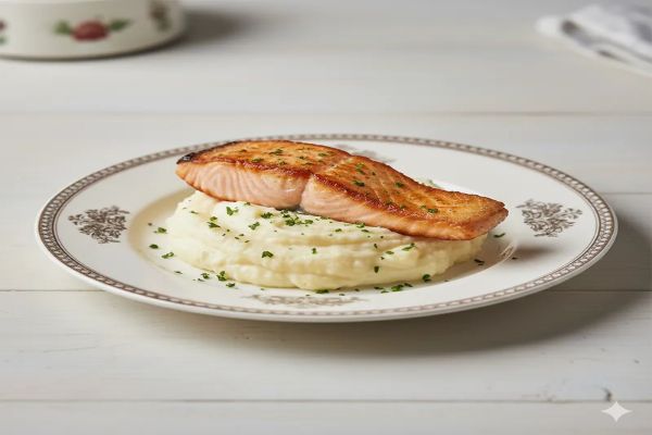 접시에 부드럽게 으깬 콜리플라워 위에 노릇하게 구워진 연어 스테이크가 올려져 있고, 그 위에 파슬리 가루가 살짝 뿌려져 있습니다.