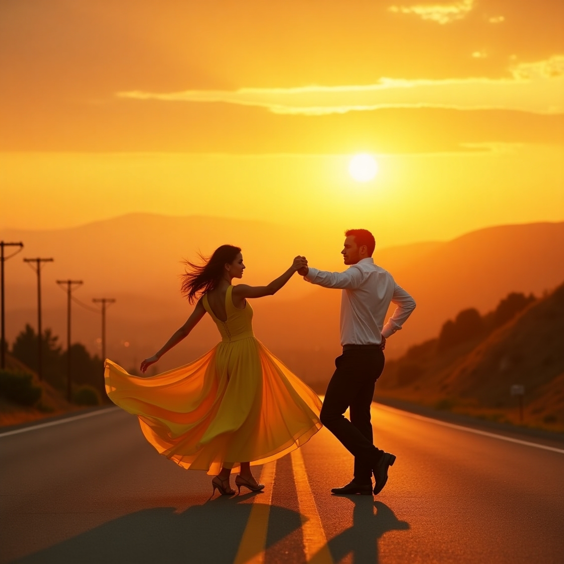 황혼 하늘 아래 탭댄스를 추는 남성과 여성